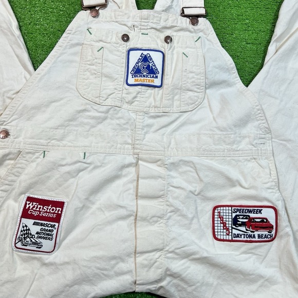 Vintage  Wrangler Bib Overalls 42 x 32 Cream 90s Chevy‎ NASCAR Daytona Patches - Picture 2 of 16